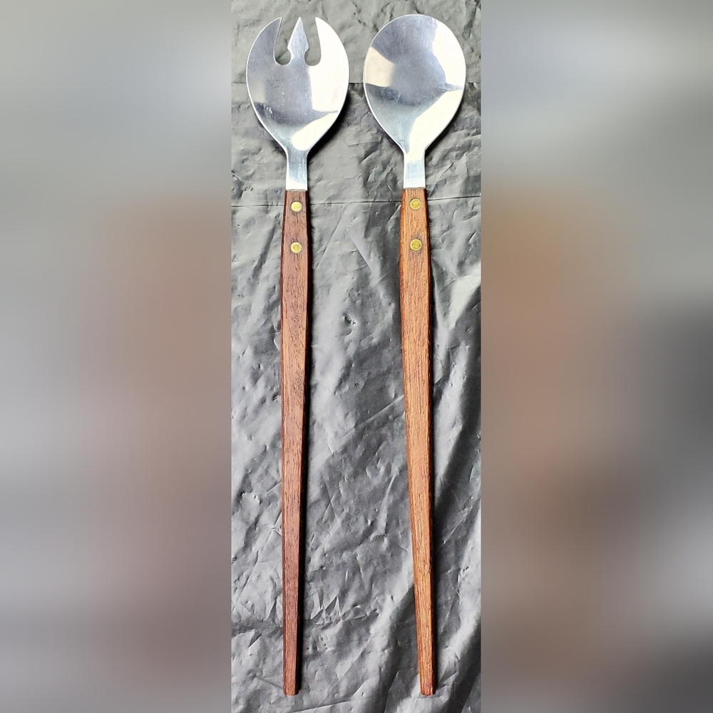 Mid Century Modern MCM VTG 60s Salad Server Set Stainless Steel Teak Wood Japan